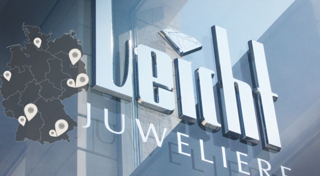 Logo Juwelier Leicht und Deutschlandkarte mit Niederlassungen Logo Juwelier Leicht
